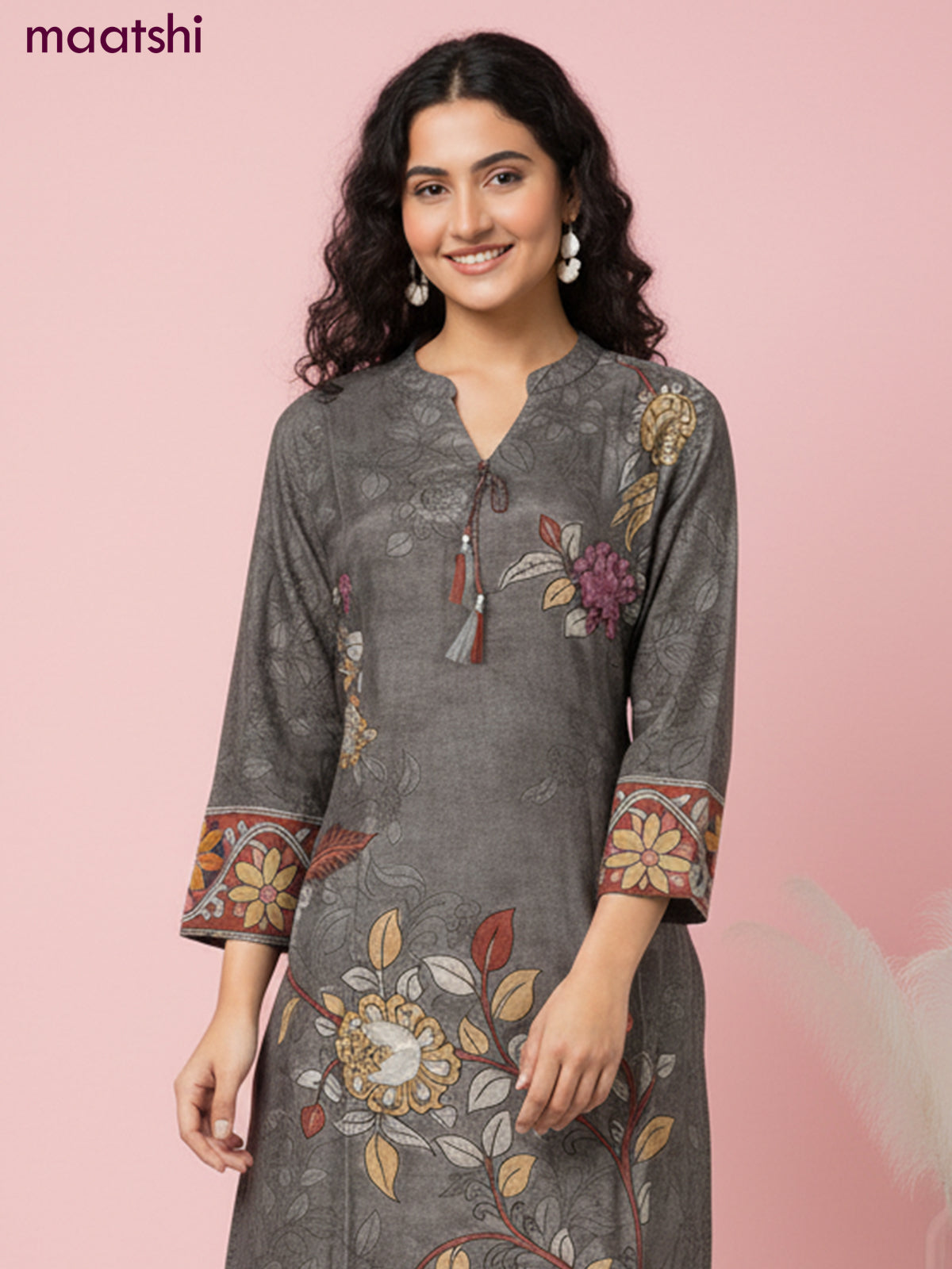 Crepe silk salwar suit grey with kalamkari prints & mirror pita work and straight cut pant & dupatta