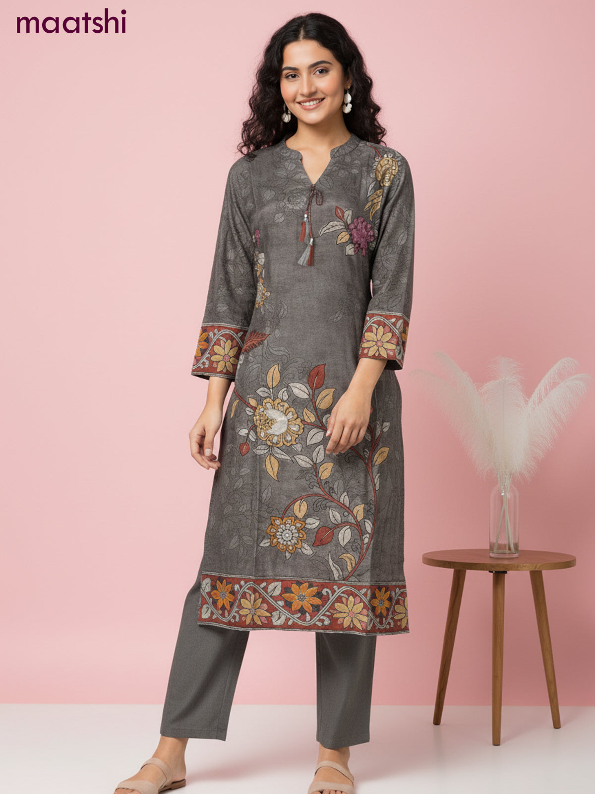 Crepe silk salwar suit grey with kalamkari prints & mirror pita work and straight cut pant & dupatta
