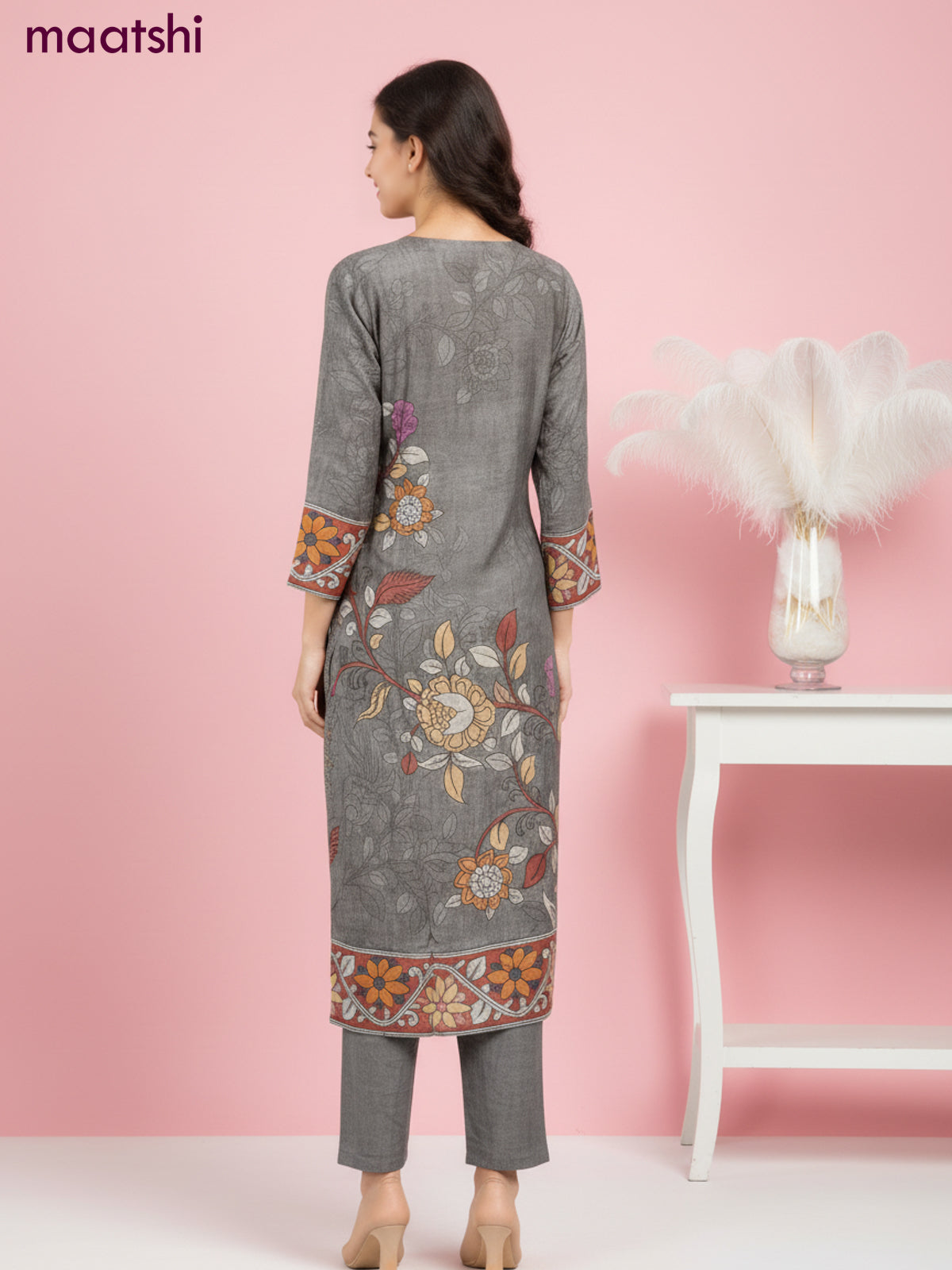 Crepe silk salwar suit grey with kalamkari prints & mirror pita work and straight cut pant & dupatta