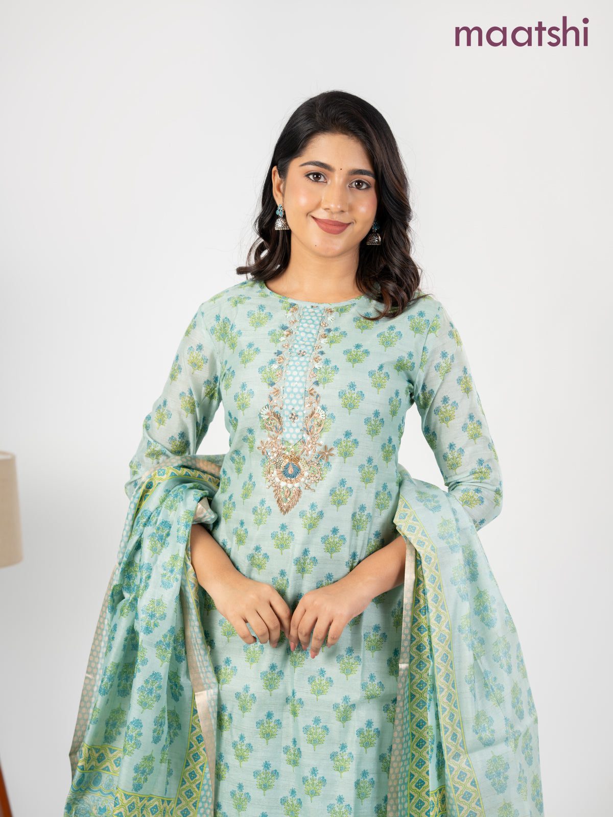 Chanderi salwar suit teal shade with allover floral butta prints & embroidery zardosi work neck pattern and straight cut pant & dupatta