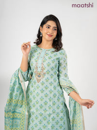 Chanderi salwar suit teal shade with allover floral butta prints & embroidery zardosi work neck pattern and straight cut pant & dupatta