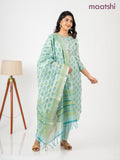 Chanderi salwar suit teal shade with allover floral butta prints & embroidery zardosi work neck pattern and straight cut pant & dupatta