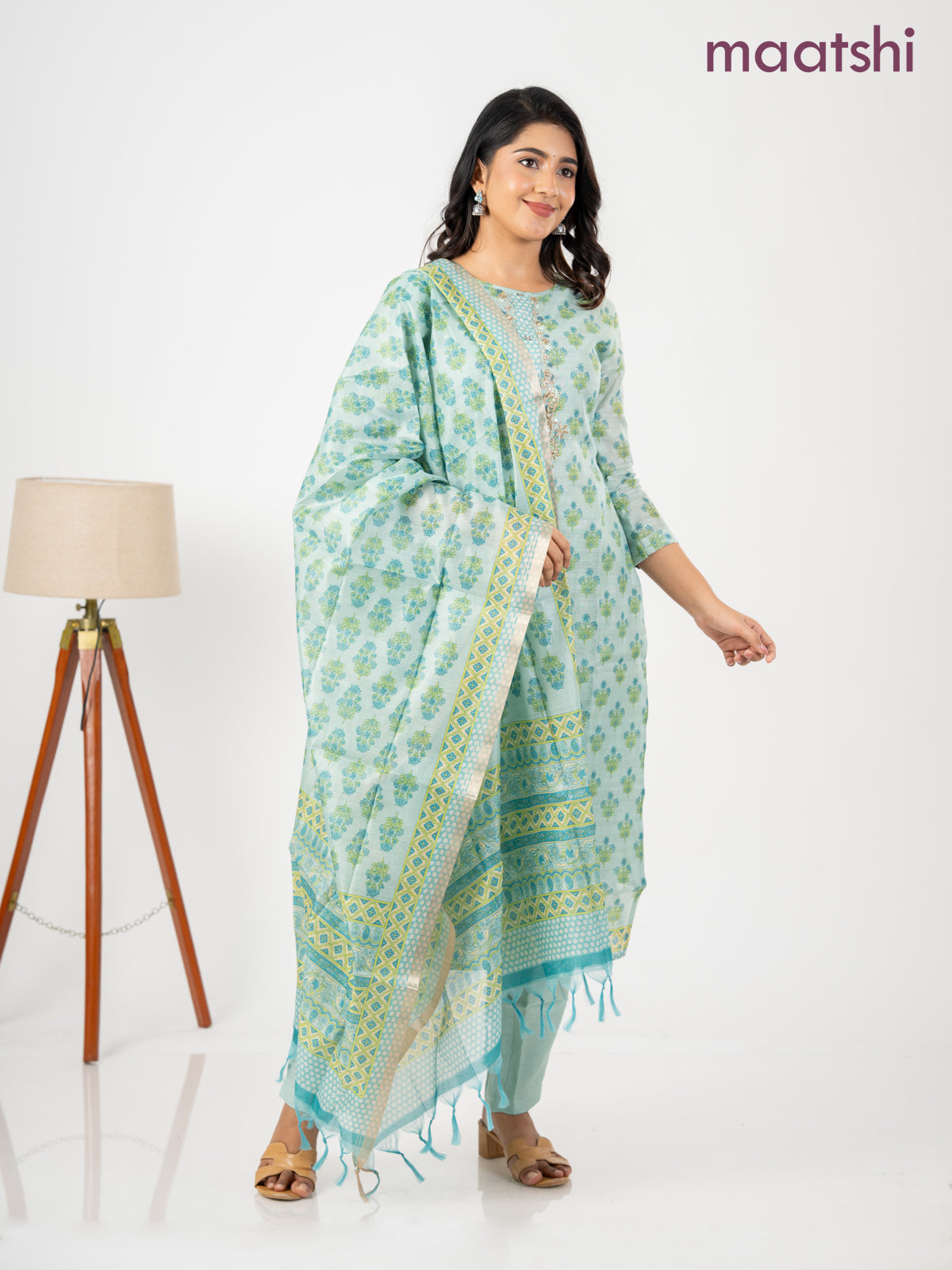 Chanderi salwar suit teal shade with allover floral butta prints & embroidery zardosi work neck pattern and straight cut pant & dupatta