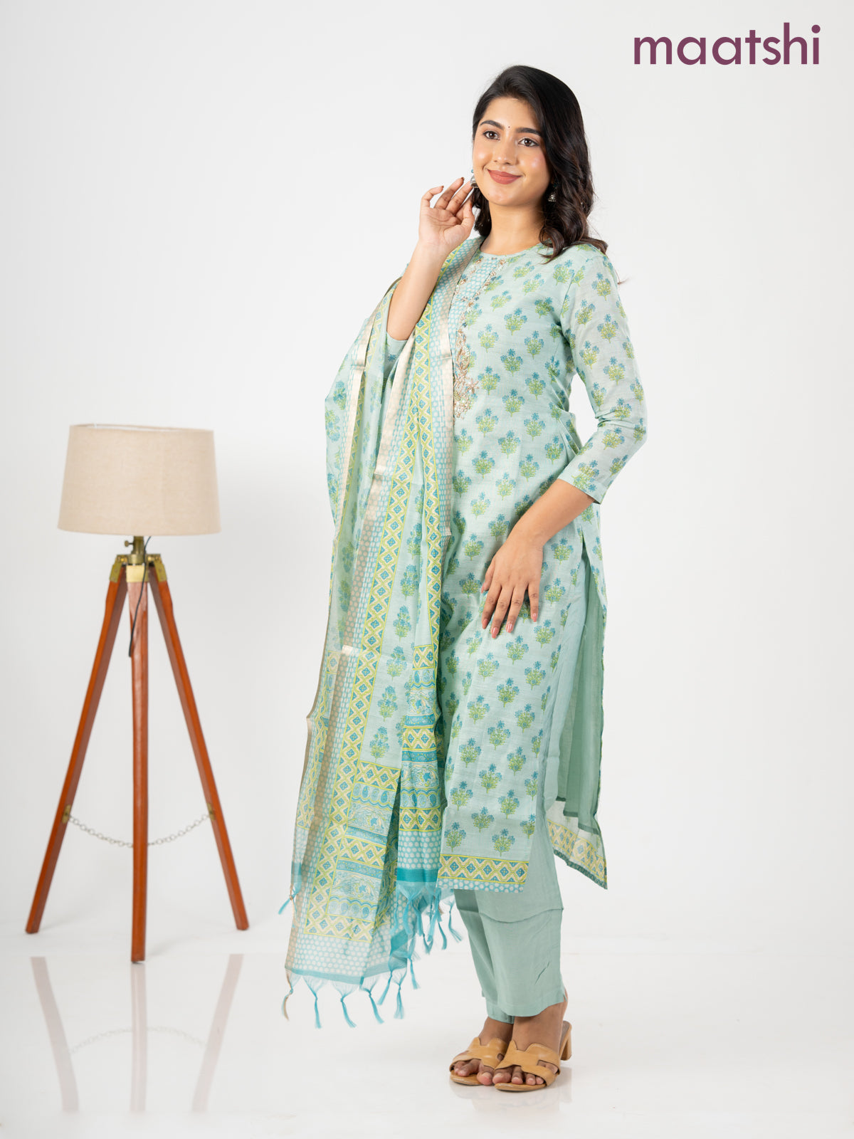 Chanderi salwar suit teal shade with allover floral butta prints & embroidery zardosi work neck pattern and straight cut pant & dupatta