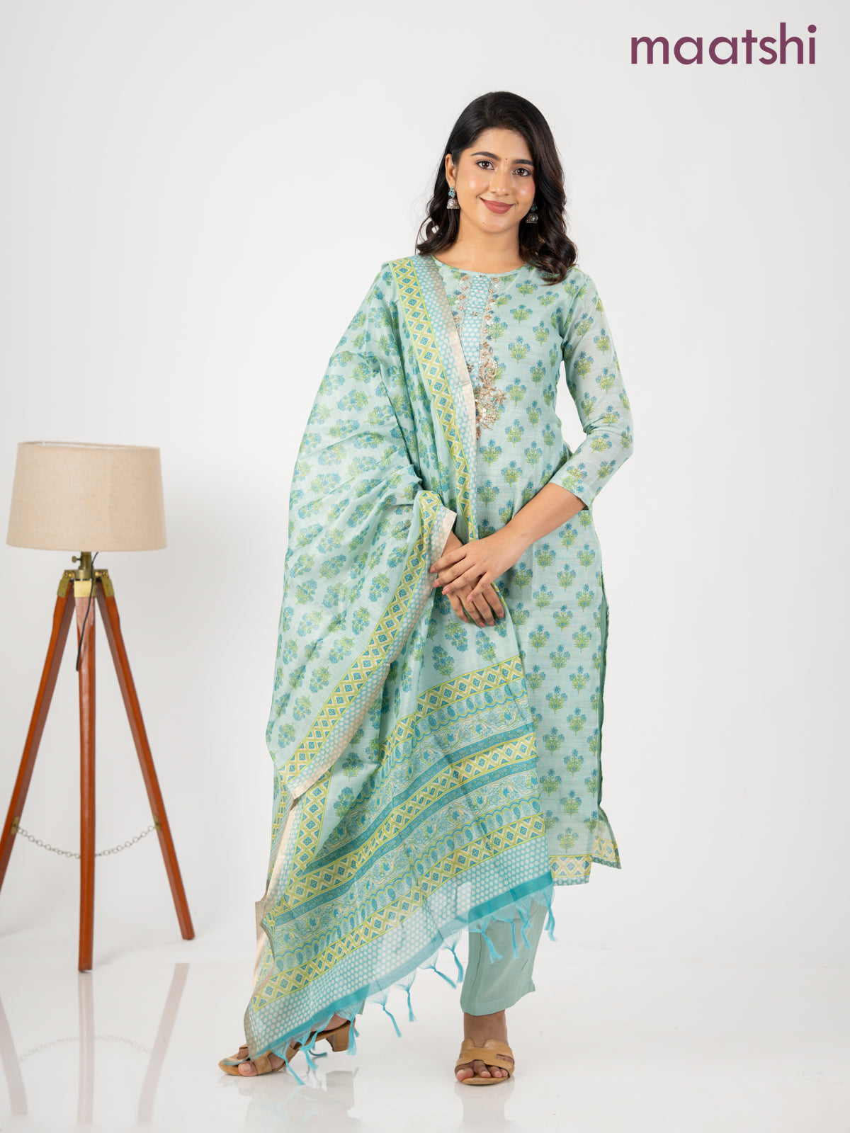 Chanderi salwar suit teal shade with allover floral butta prints & embroidery zardosi work neck pattern and straight cut pant & dupatta