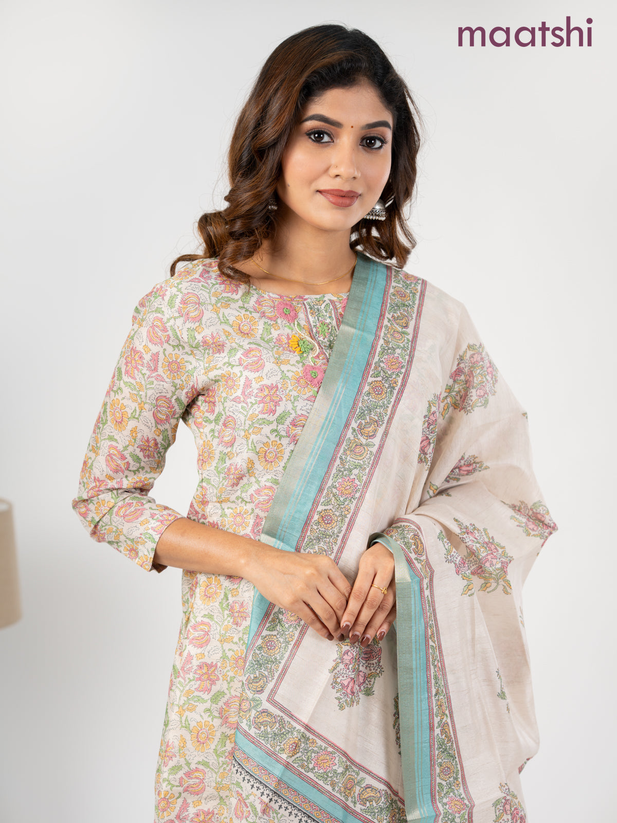 Chanderi salwar suit cream and teal blue with allover kalamkari prints & embroidery zardosi work neck pattern and straight cut pant & dupatta