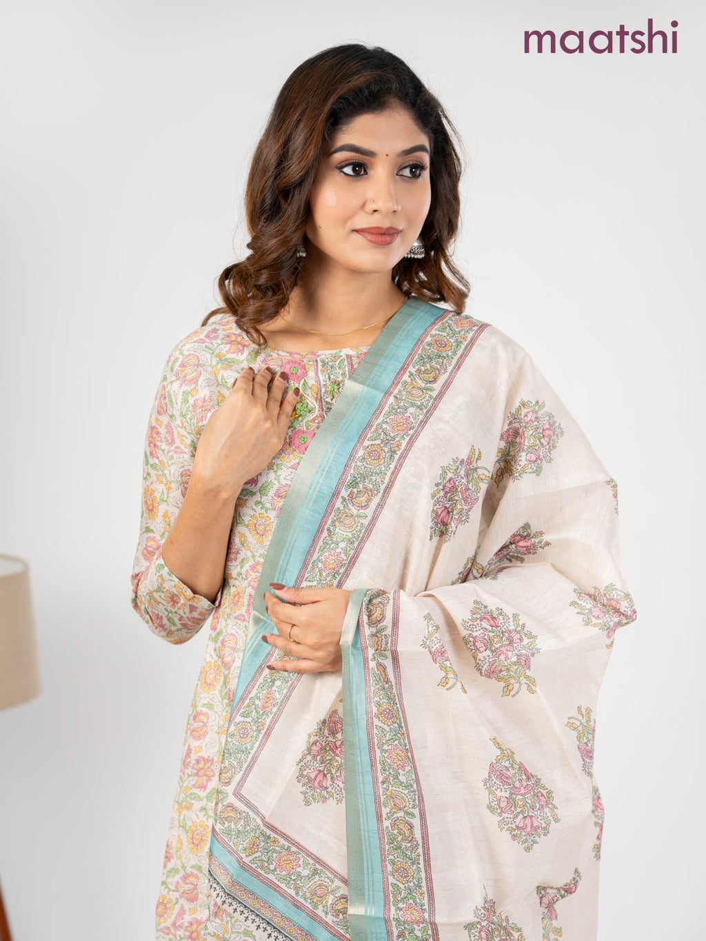 Chanderi salwar suit cream and teal blue with allover kalamkari prints & embroidery zardosi work neck pattern and straight cut pant & dupatta