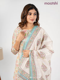 Chanderi salwar suit cream and teal blue with allover kalamkari prints & embroidery zardosi work neck pattern and straight cut pant & dupatta