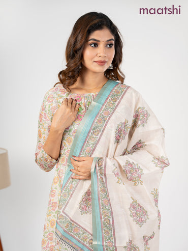 Chanderi salwar suit cream and teal blue with allover kalamkari prints & embroidery zardosi work neck pattern and straight cut pant & dupatta