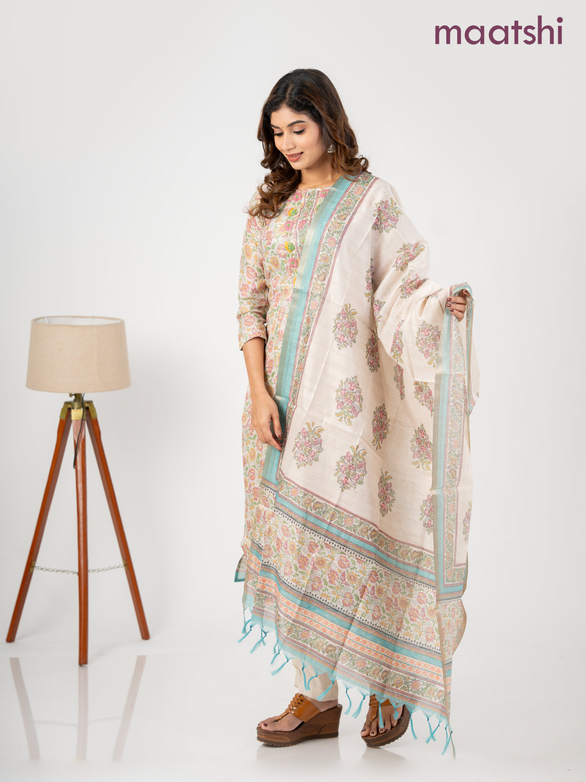 Chanderi salwar suit cream and teal blue with allover kalamkari prints & embroidery zardosi work neck pattern and straight cut pant & dupatta