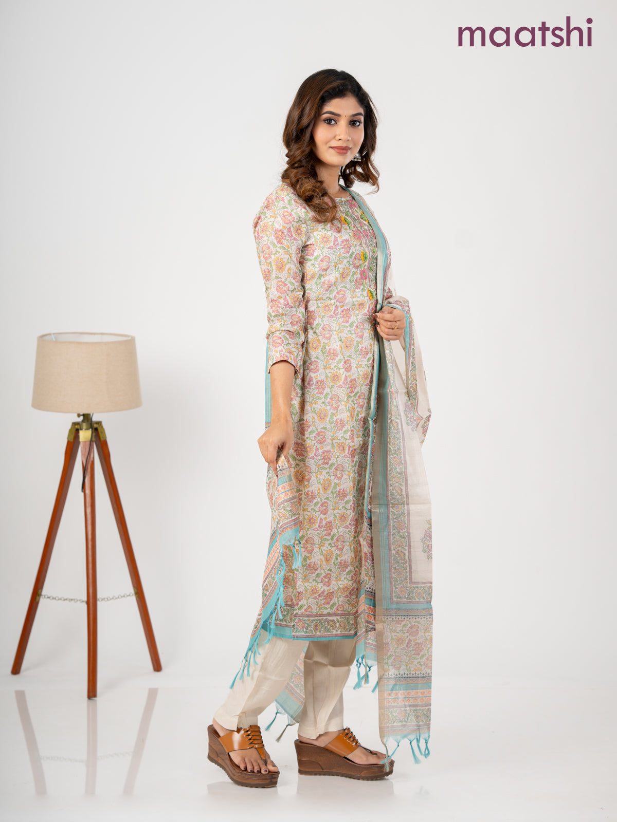 Chanderi salwar suit cream and teal blue with allover kalamkari prints & embroidery zardosi work neck pattern and straight cut pant & dupatta