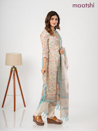 Chanderi salwar suit cream and teal blue with allover kalamkari prints & embroidery zardosi work neck pattern and straight cut pant & dupatta