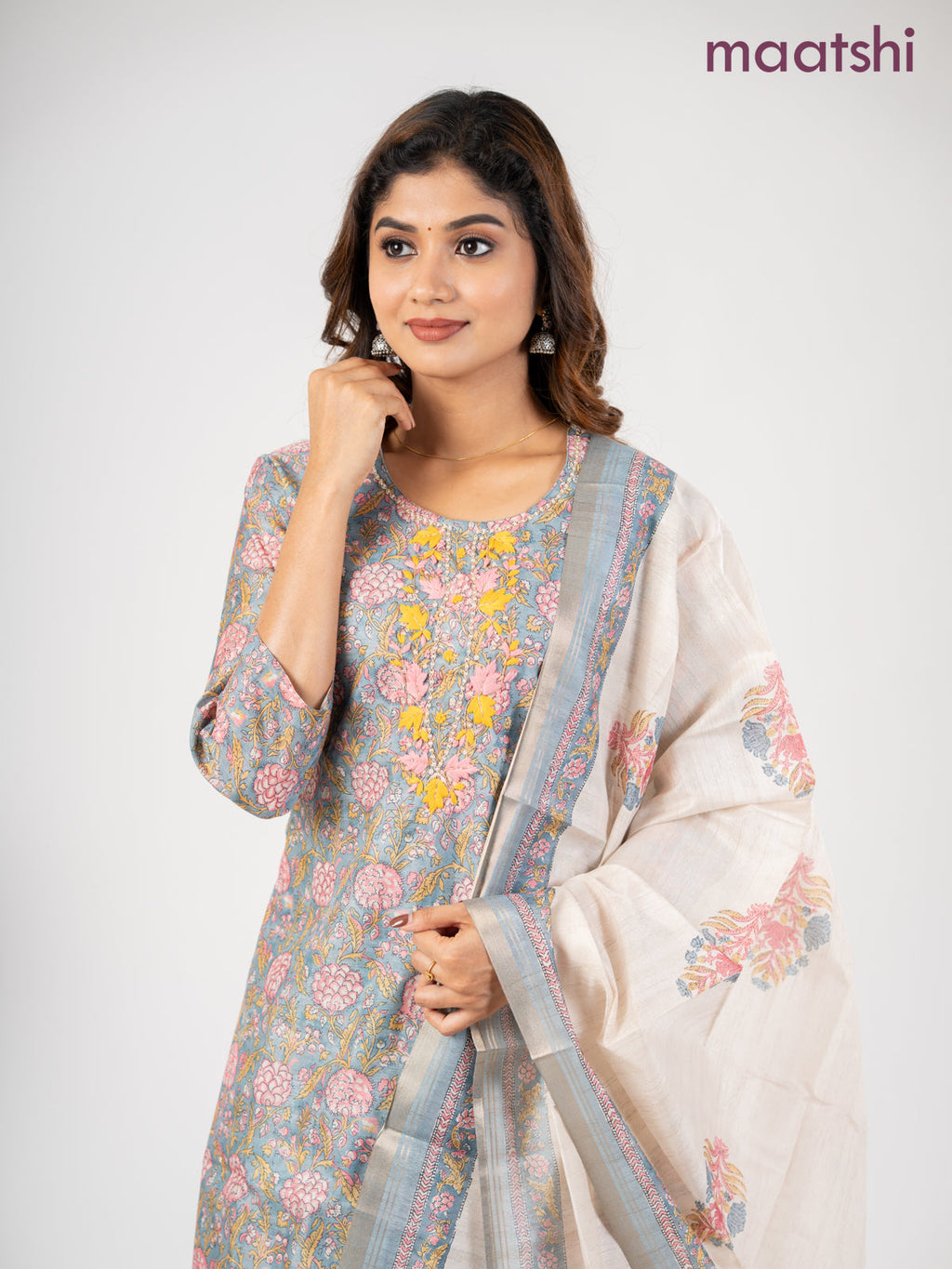 Chanderi salwar suit bluish grey and cream with allover kalamkari prints & embroidery zardosi work neck pattern and straight cut pant & dupatta