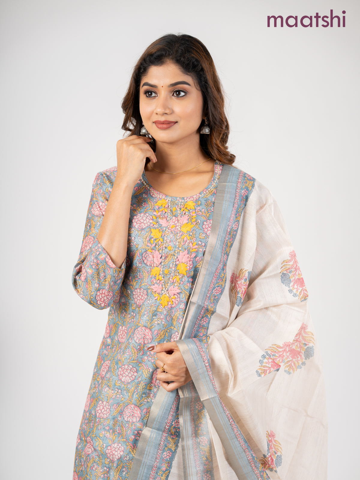 Chanderi salwar suit bluish grey and cream with allover kalamkari prints & embroidery zardosi work neck pattern and straight cut pant & dupatta