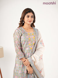 Chanderi salwar suit bluish grey and cream with allover kalamkari prints & embroidery zardosi work neck pattern and straight cut pant & dupatta