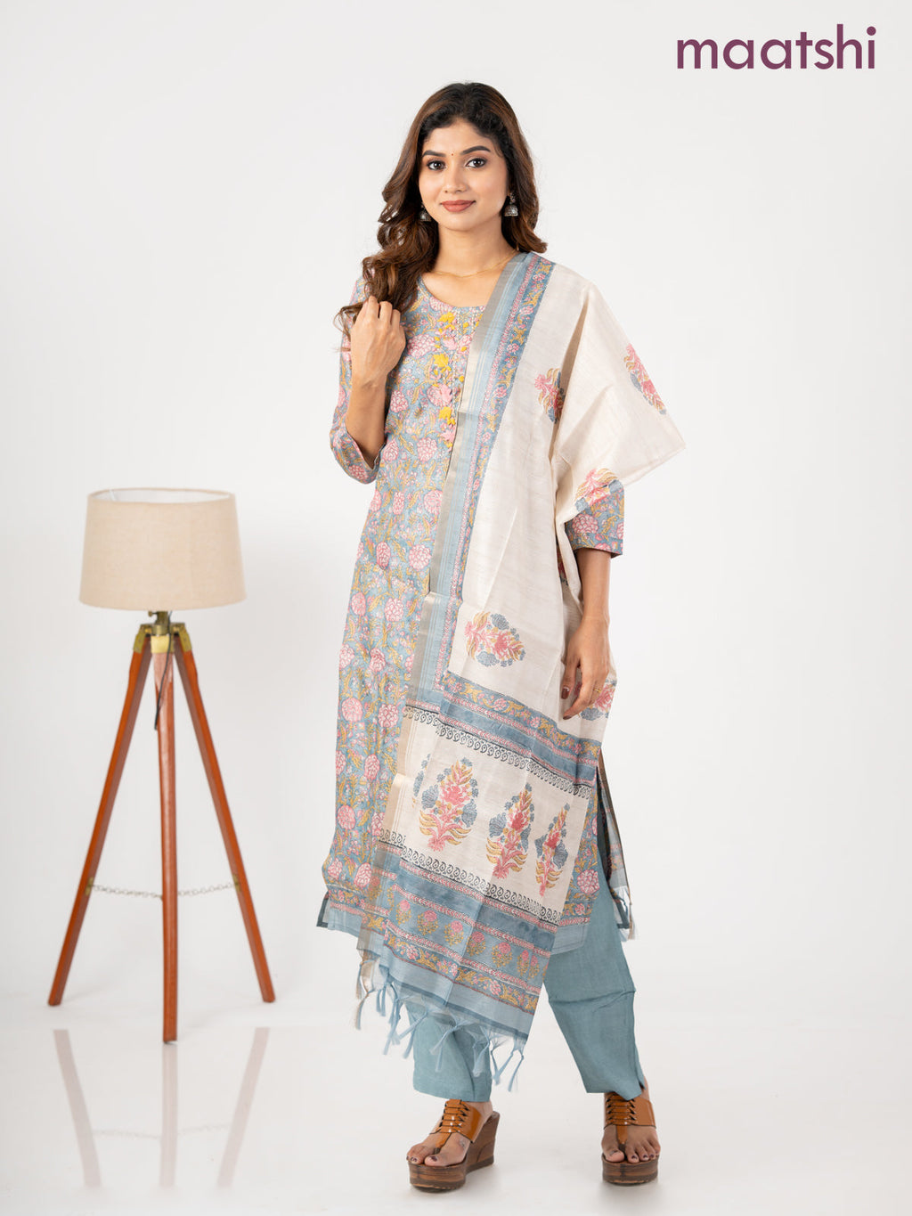 Chanderi salwar suit bluish grey and cream with allover kalamkari prints & embroidery zardosi work neck pattern and straight cut pant & dupatta
