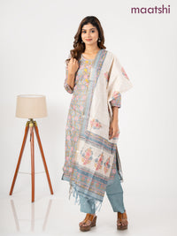 Chanderi salwar suit bluish grey and cream with allover kalamkari prints & embroidery zardosi work neck pattern and straight cut pant & dupatta