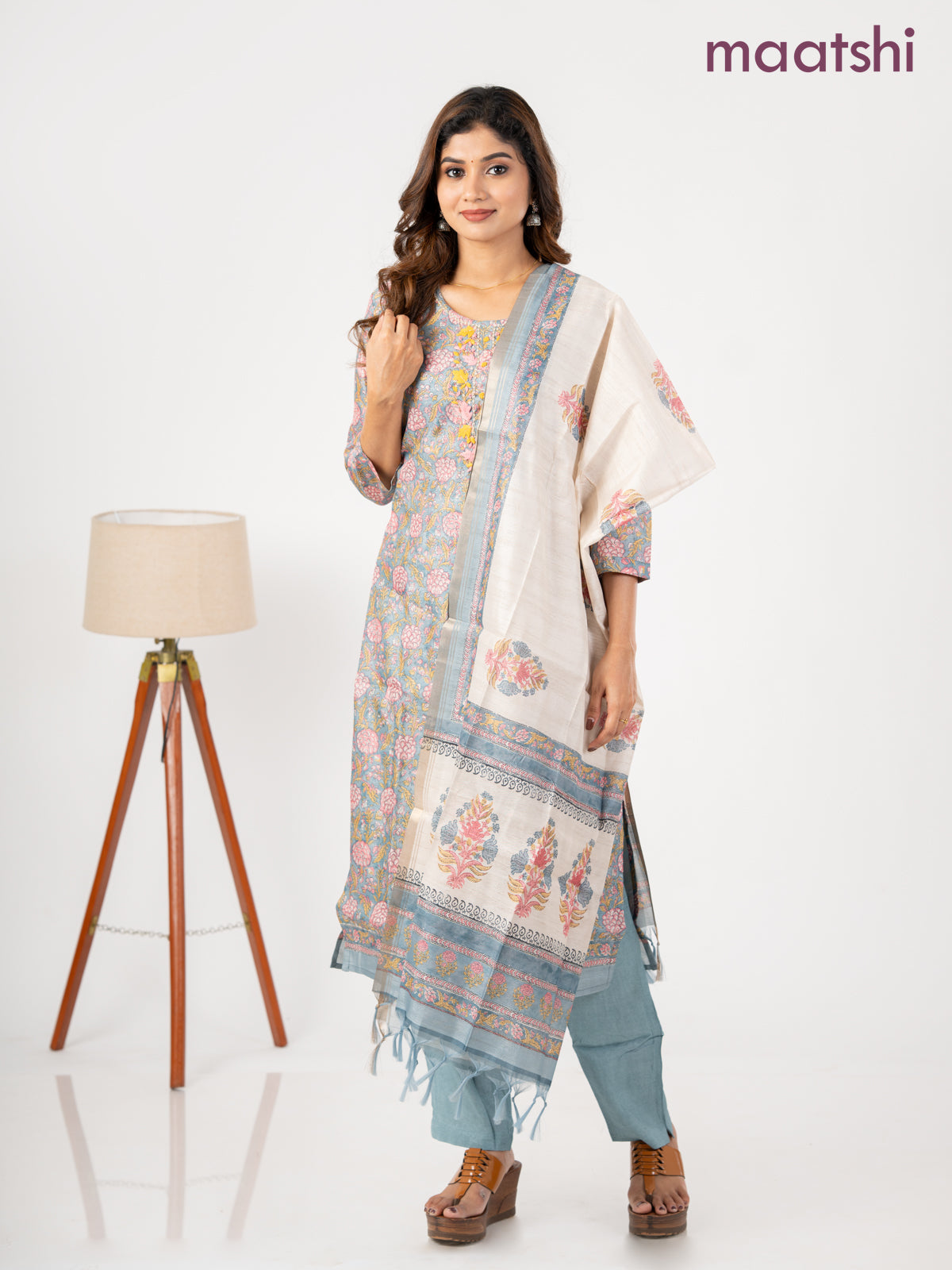 Chanderi salwar suit bluish grey and cream with allover kalamkari prints & embroidery zardosi work neck pattern and straight cut pant & dupatta