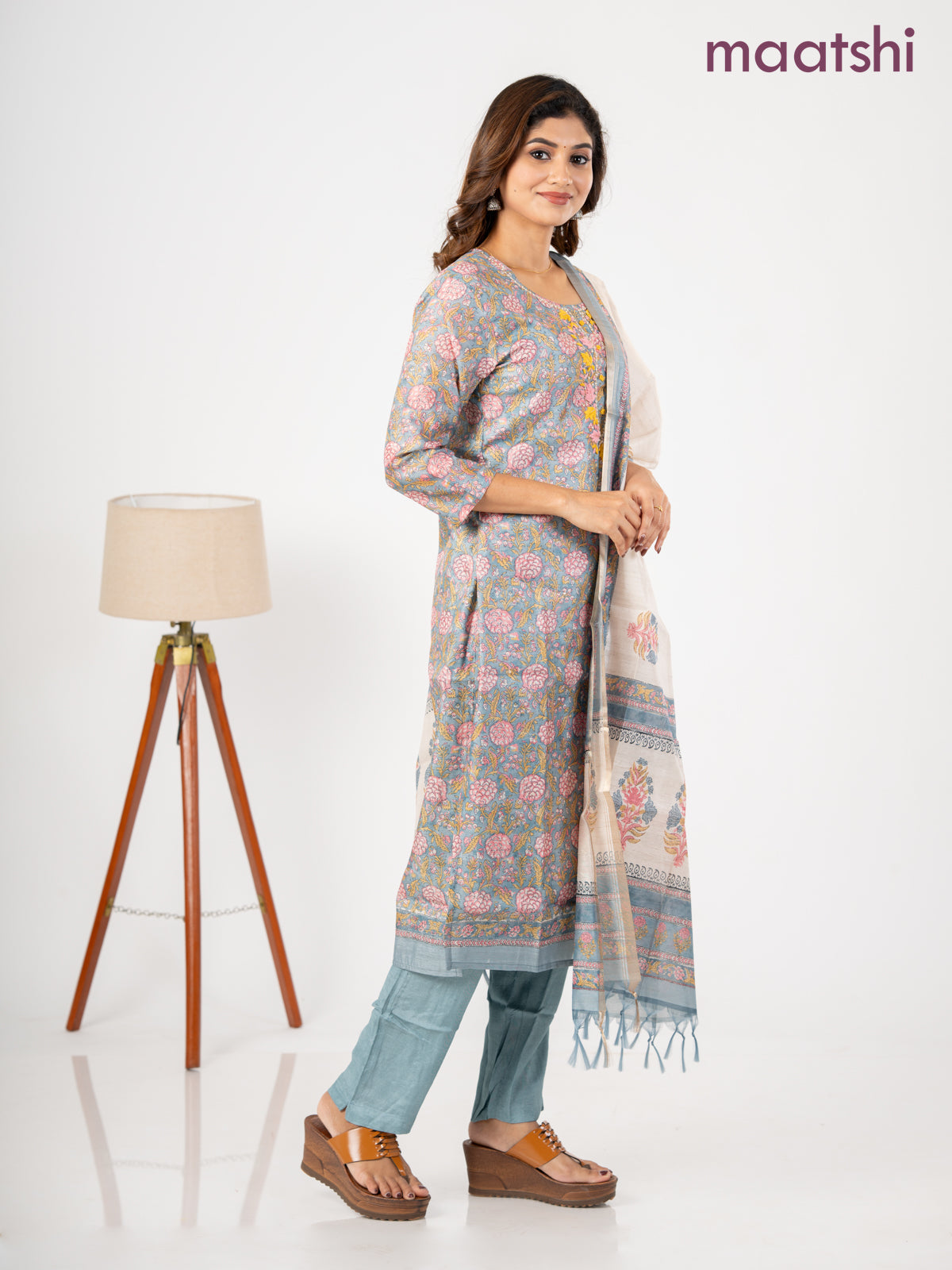 Chanderi salwar suit bluish grey and cream with allover kalamkari prints & embroidery zardosi work neck pattern and straight cut pant & dupatta