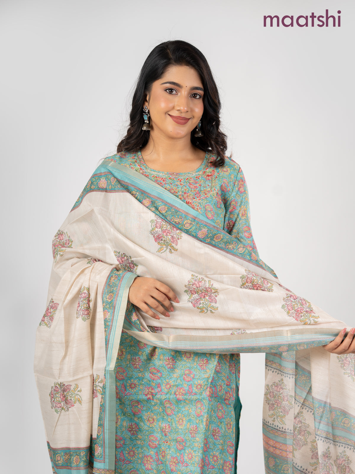 Chanderi salwar suit teal blue and cream with allover kalamkari prints & embroidery zardosi work neck pattern and straight cut pant & dupatta