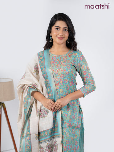 Chanderi salwar suit teal blue and cream with allover kalamkari prints & embroidery zardosi work neck pattern and straight cut pant & dupatta