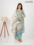 Chanderi salwar suit teal blue and cream with allover kalamkari prints & embroidery zardosi work neck pattern and straight cut pant & dupatta