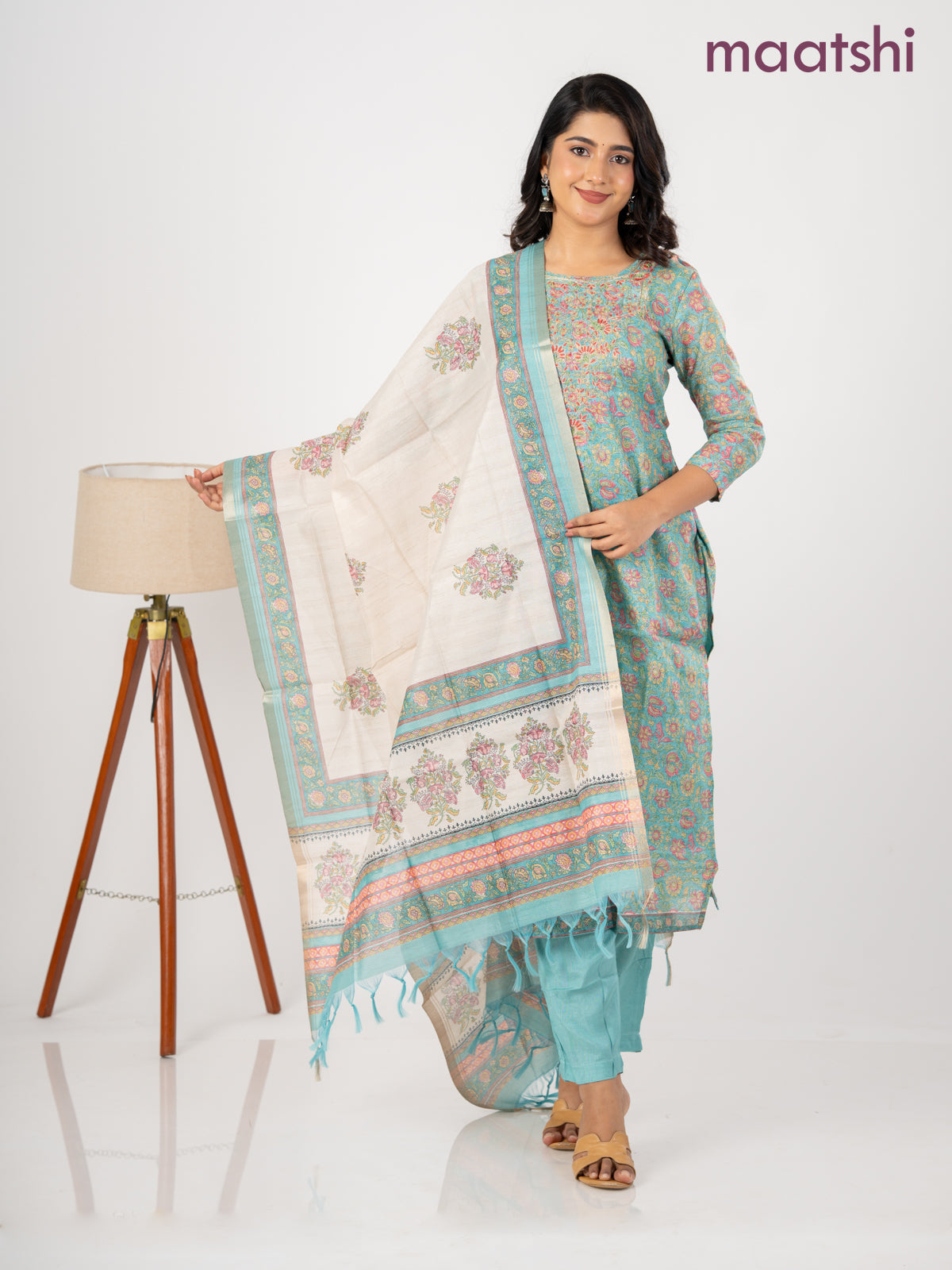 Chanderi salwar suit teal blue and cream with allover kalamkari prints & embroidery zardosi work neck pattern and straight cut pant & dupatta