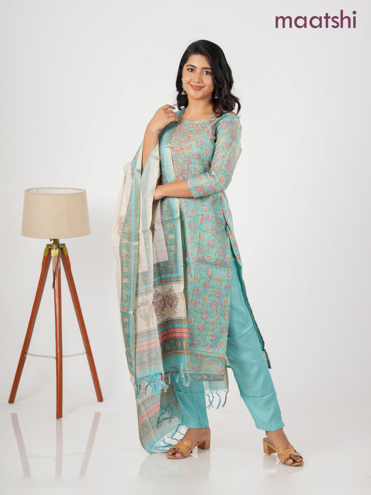 Chanderi salwar suit teal blue and cream with allover kalamkari prints & embroidery zardosi work neck pattern and straight cut pant & dupatta