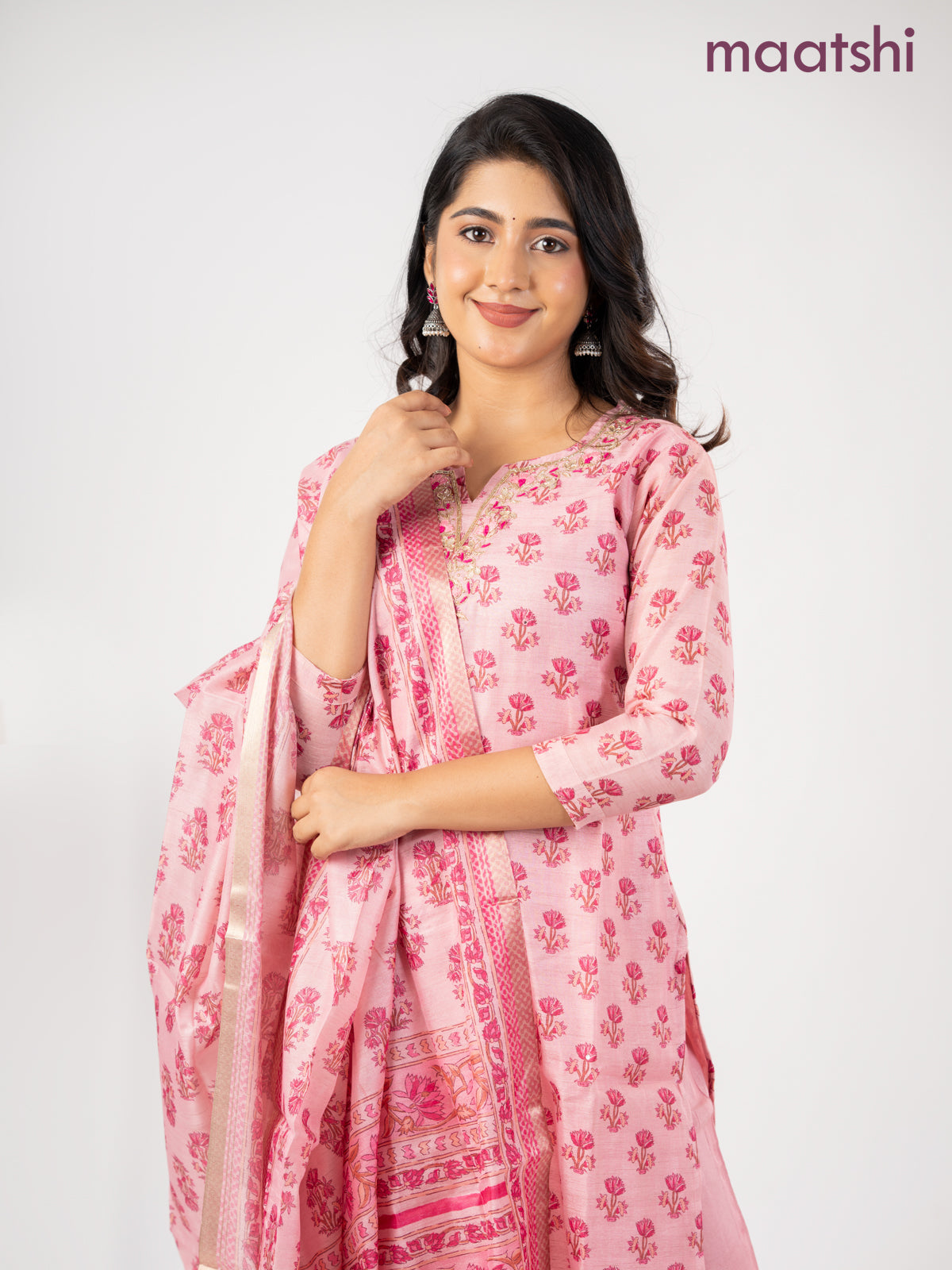 Chanderi salwar suit pink with allover floral butta prints & embroidery zardosi work neck pattern and straight cut pant & dupatta