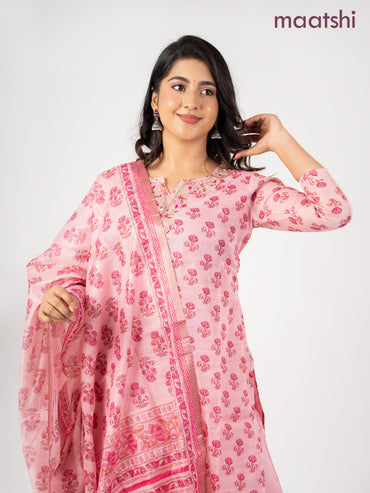 Chanderi salwar suit pink with allover floral butta prints & embroidery zardosi work neck pattern and straight cut pant & dupatta