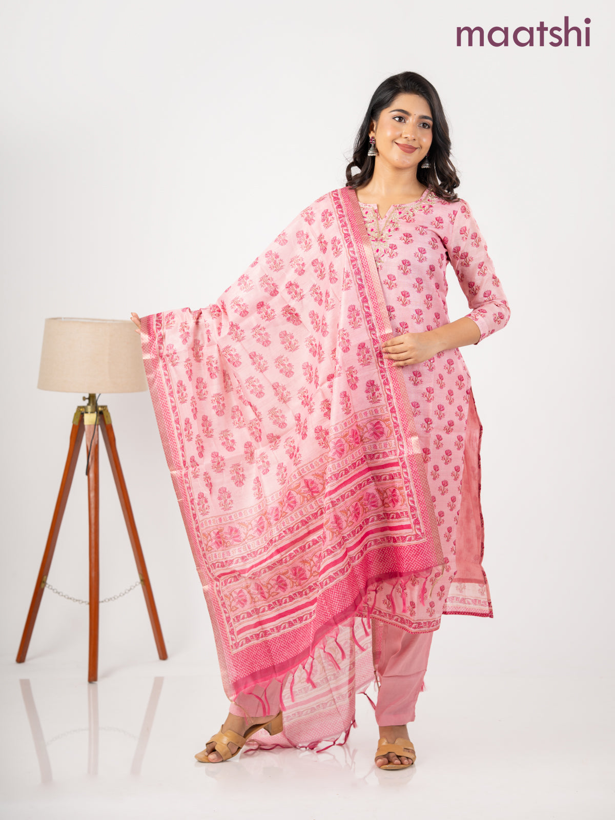 Chanderi salwar suit pink with allover floral butta prints & embroidery zardosi work neck pattern and straight cut pant & dupatta