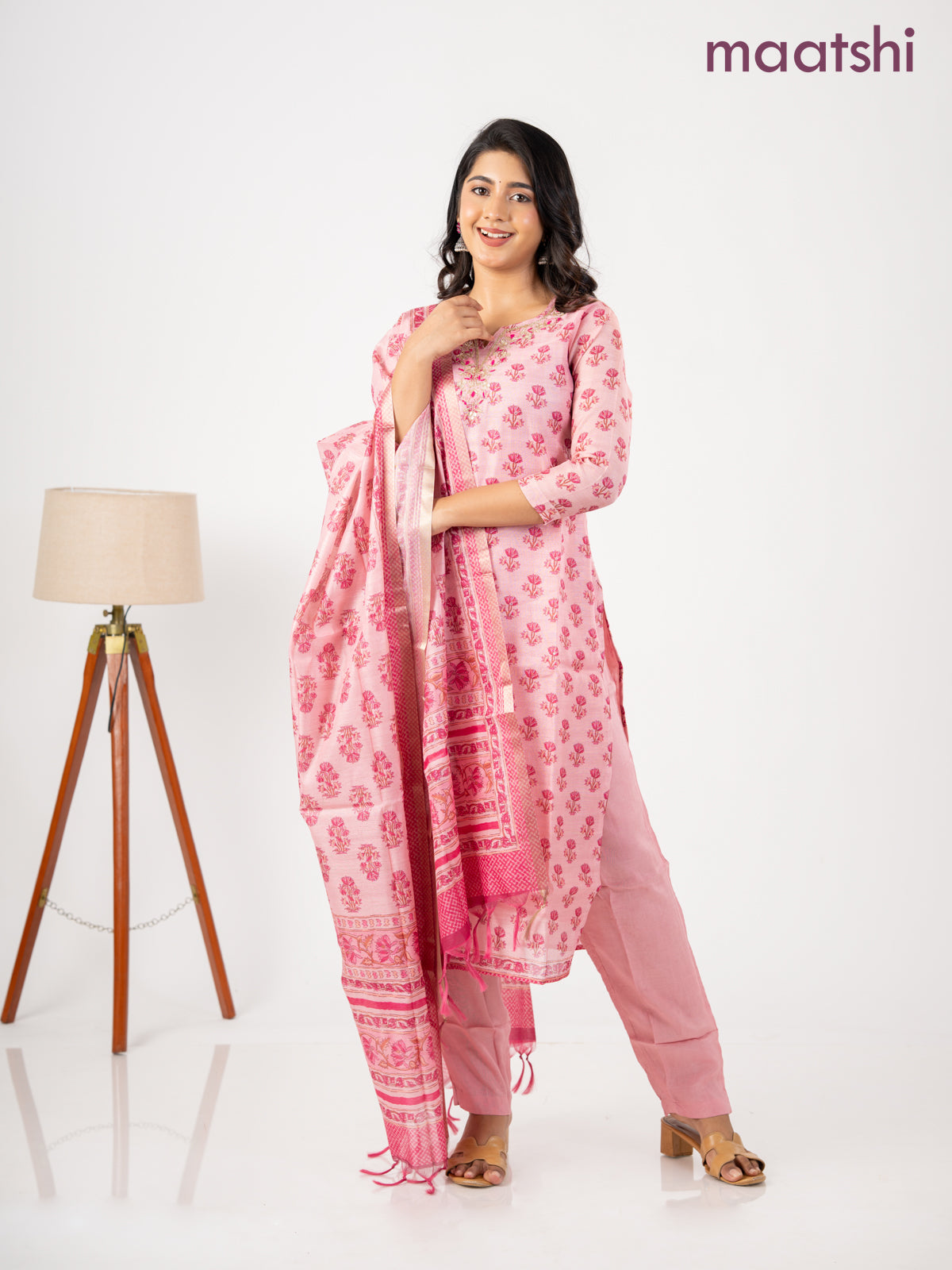Chanderi salwar suit pink with allover floral butta prints & embroidery zardosi work neck pattern and straight cut pant & dupatta