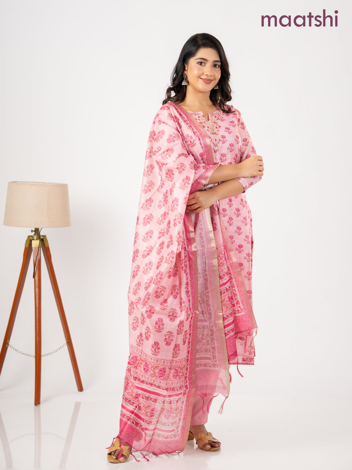 Chanderi salwar suit pink with allover floral butta prints & embroidery zardosi work neck pattern and straight cut pant & dupatta