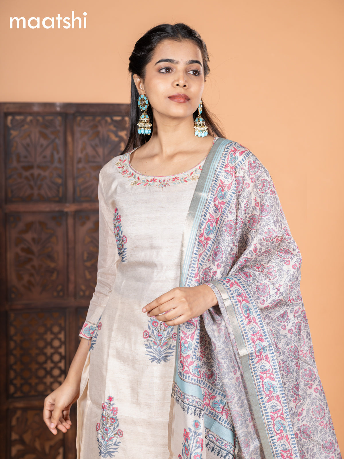 Chanderi salwar suit cream and light blue with kalamkari butta prints & embroidery work neck pattern and straight cut pant & dupatta