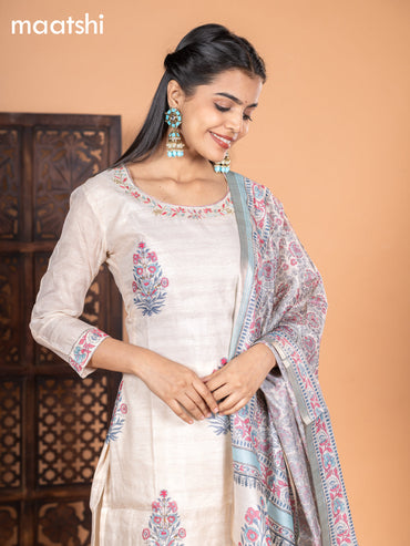 Chanderi salwar suit cream and light blue with kalamkari butta prints & embroidery work neck pattern and straight cut pant & dupatta
