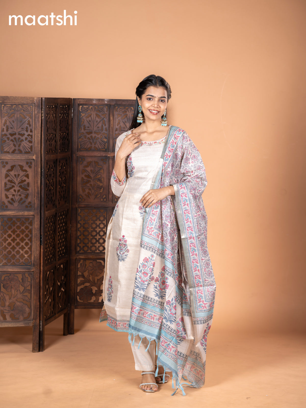 Chanderi salwar suit cream and light blue with kalamkari butta prints & embroidery work neck pattern and straight cut pant & dupatta