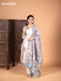 Chanderi salwar suit cream and light blue with kalamkari butta prints & embroidery work neck pattern and straight cut pant & dupatta
