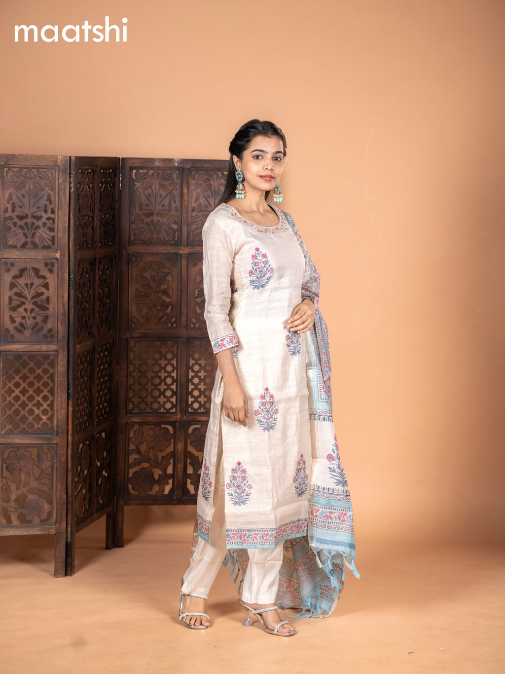 Chanderi salwar suit cream and light blue with kalamkari butta prints & embroidery work neck pattern and straight cut pant & dupatta