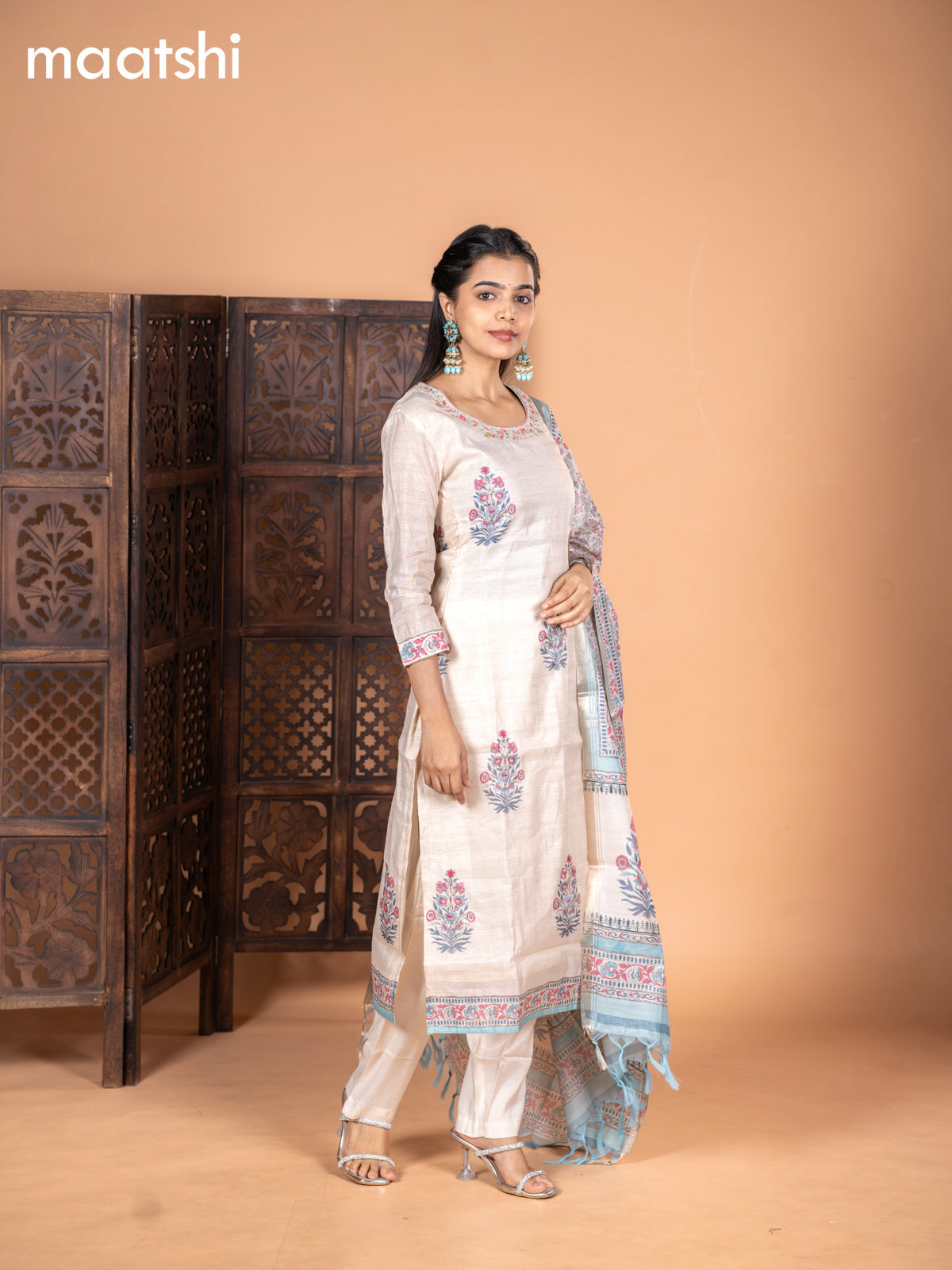 Chanderi salwar suit cream and light blue with kalamkari butta prints & embroidery work neck pattern and straight cut pant & dupatta