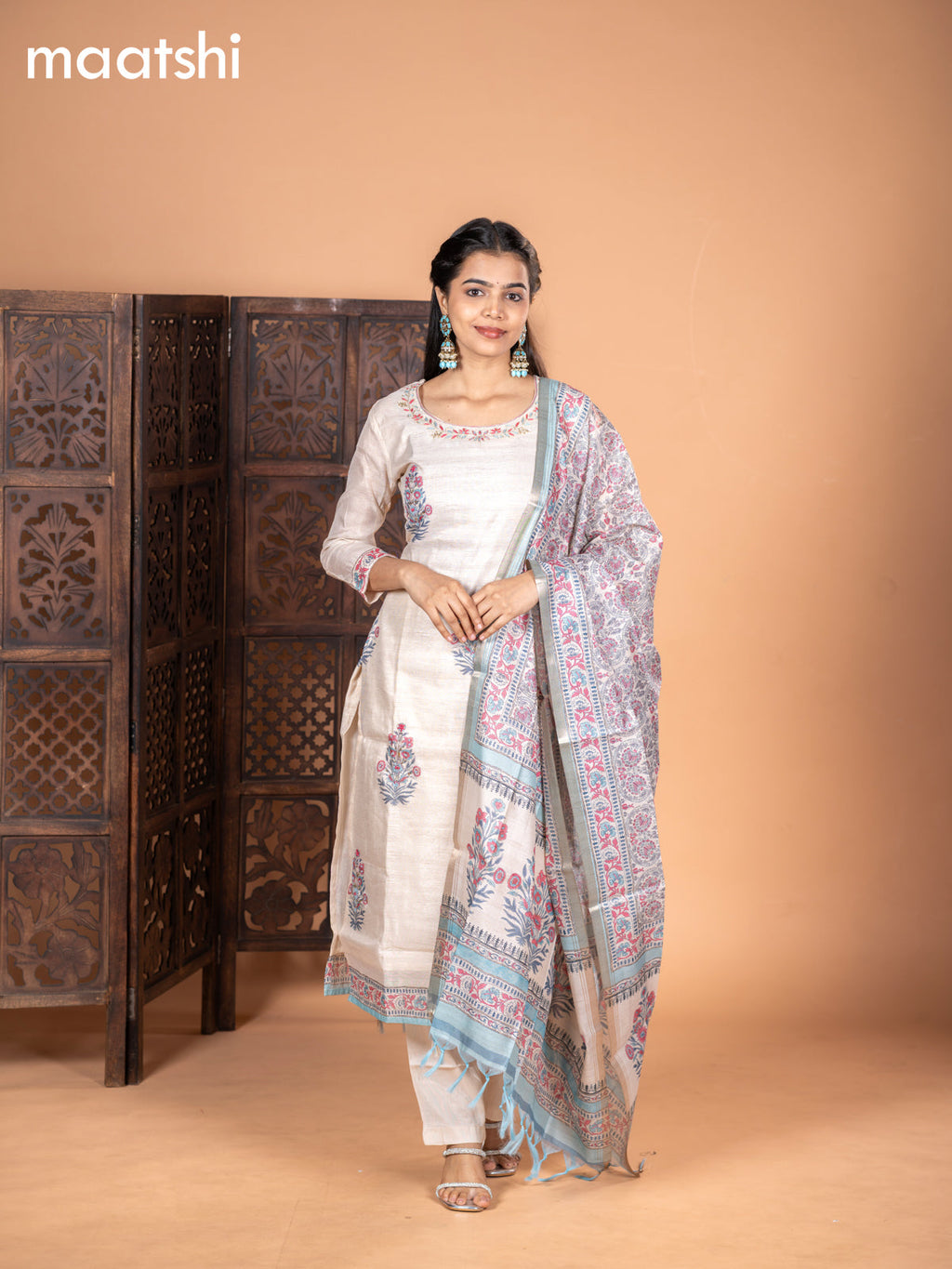 Chanderi salwar suit cream and light blue with kalamkari butta prints & embroidery work neck pattern and straight cut pant & dupatta