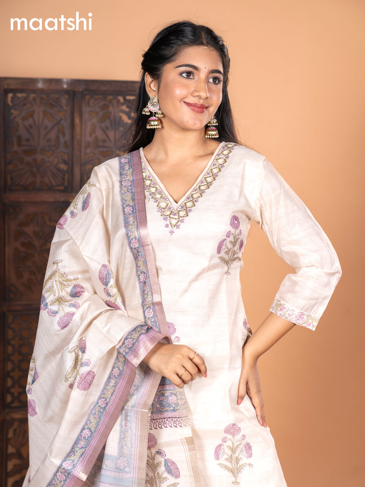 Chanderi salwar suit cream and pastel purple with kalamkari butta prints & embroidery beaded work v neck pattern and straight cut pant & dupatta