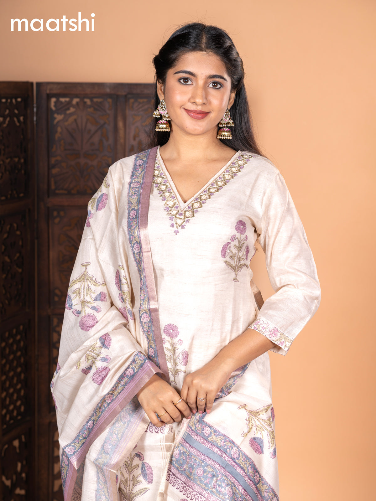 Chanderi salwar suit cream and pastel purple with kalamkari butta prints & embroidery beaded work v neck pattern and straight cut pant & dupatta