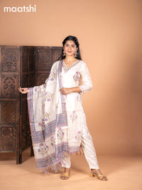 Chanderi salwar suit cream and pastel purple with kalamkari butta prints & embroidery beaded work v neck pattern and straight cut pant & dupatta