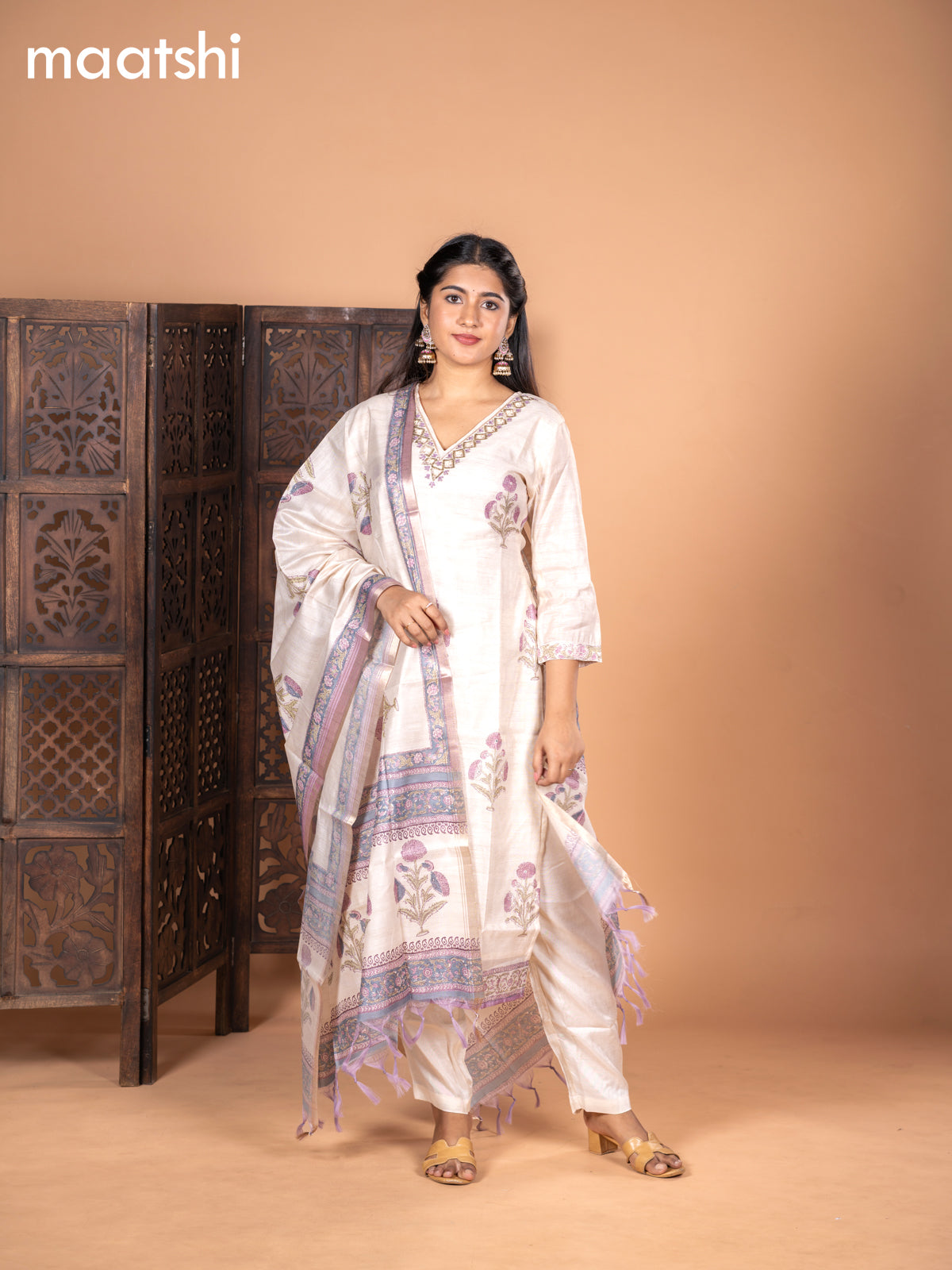 Chanderi salwar suit cream and pastel purple with kalamkari butta prints & embroidery beaded work v neck pattern and straight cut pant & dupatta