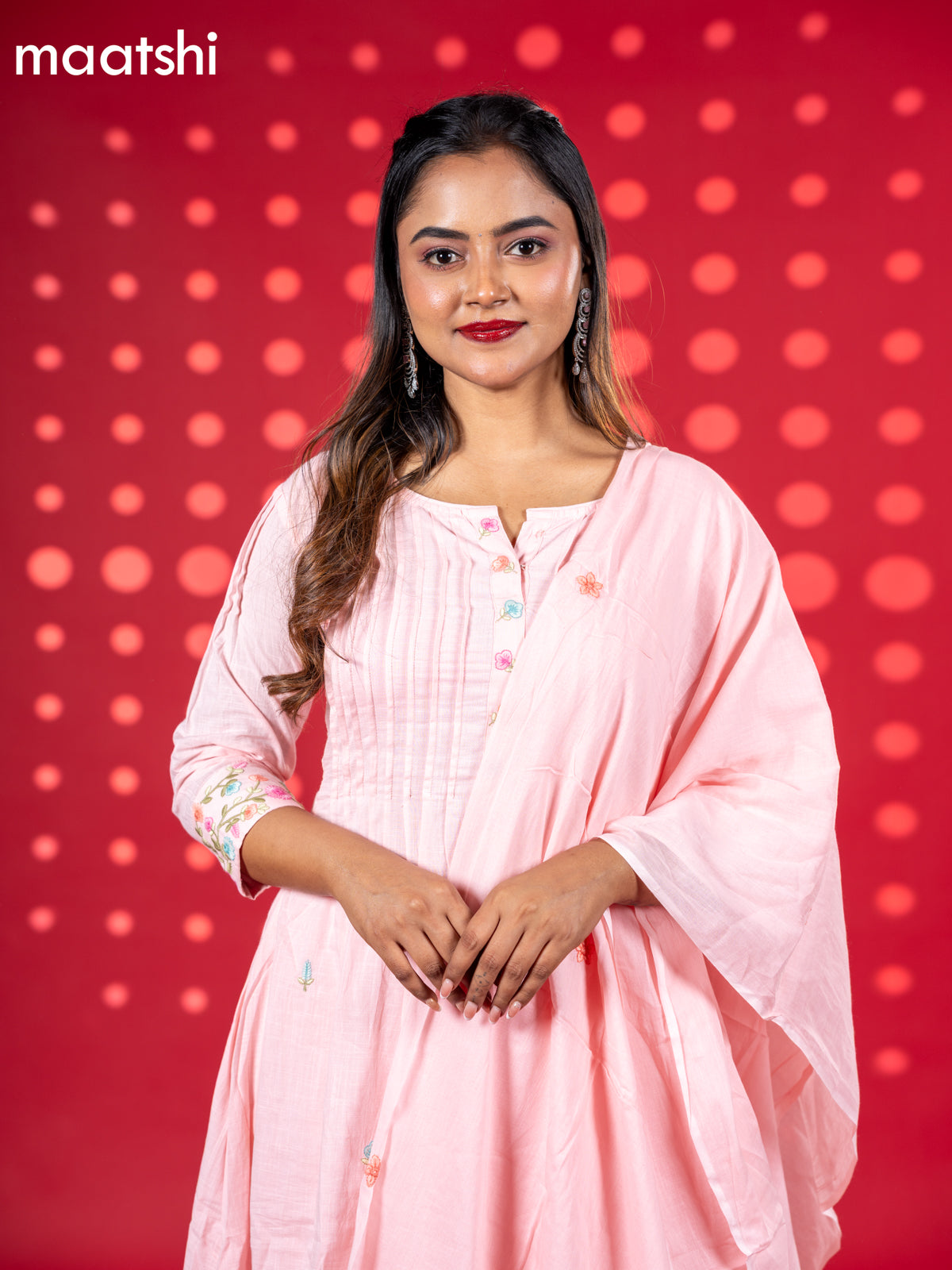 Cotton anarkali salwar suit peach pink with floral embroidery work buttas and straight cut pant & dupatta