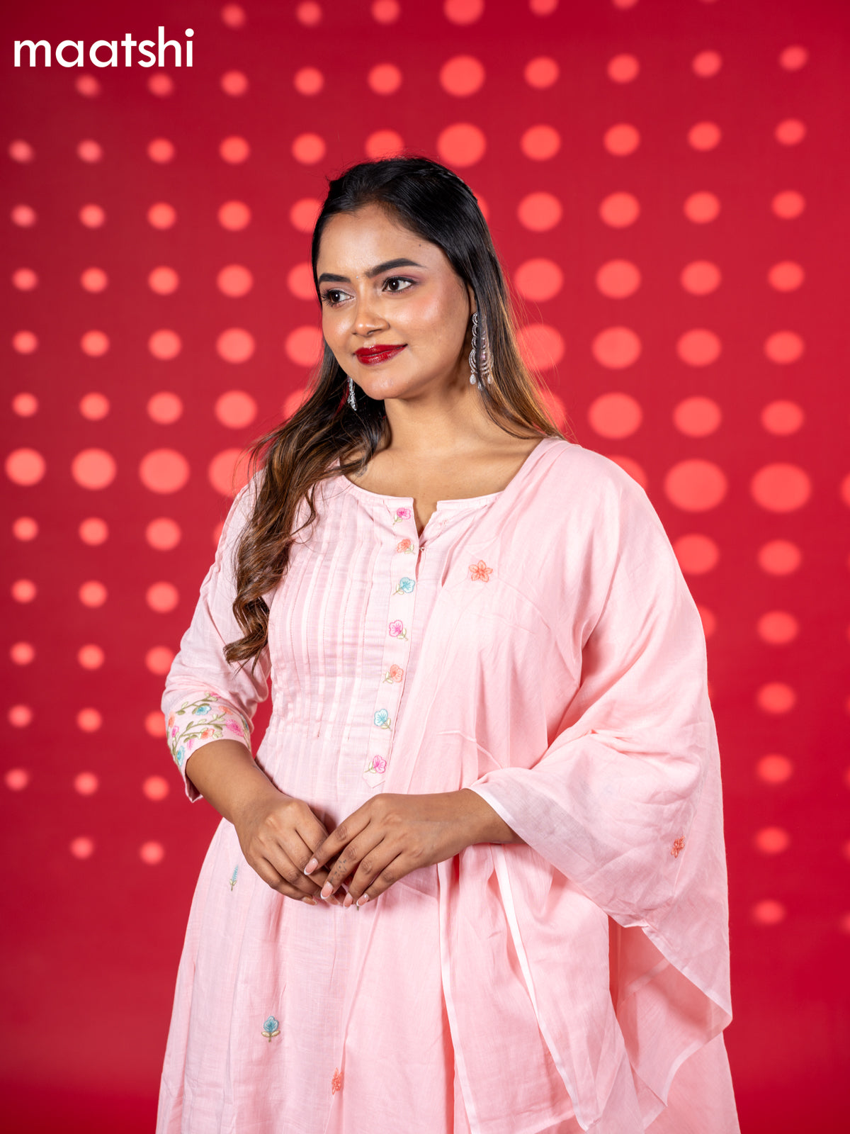 Cotton anarkali salwar suit peach pink with floral embroidery work buttas and straight cut pant & dupatta