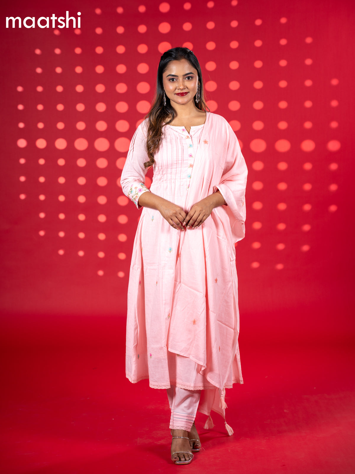 Cotton anarkali salwar suit peach pink with floral embroidery work buttas and straight cut pant & dupatta