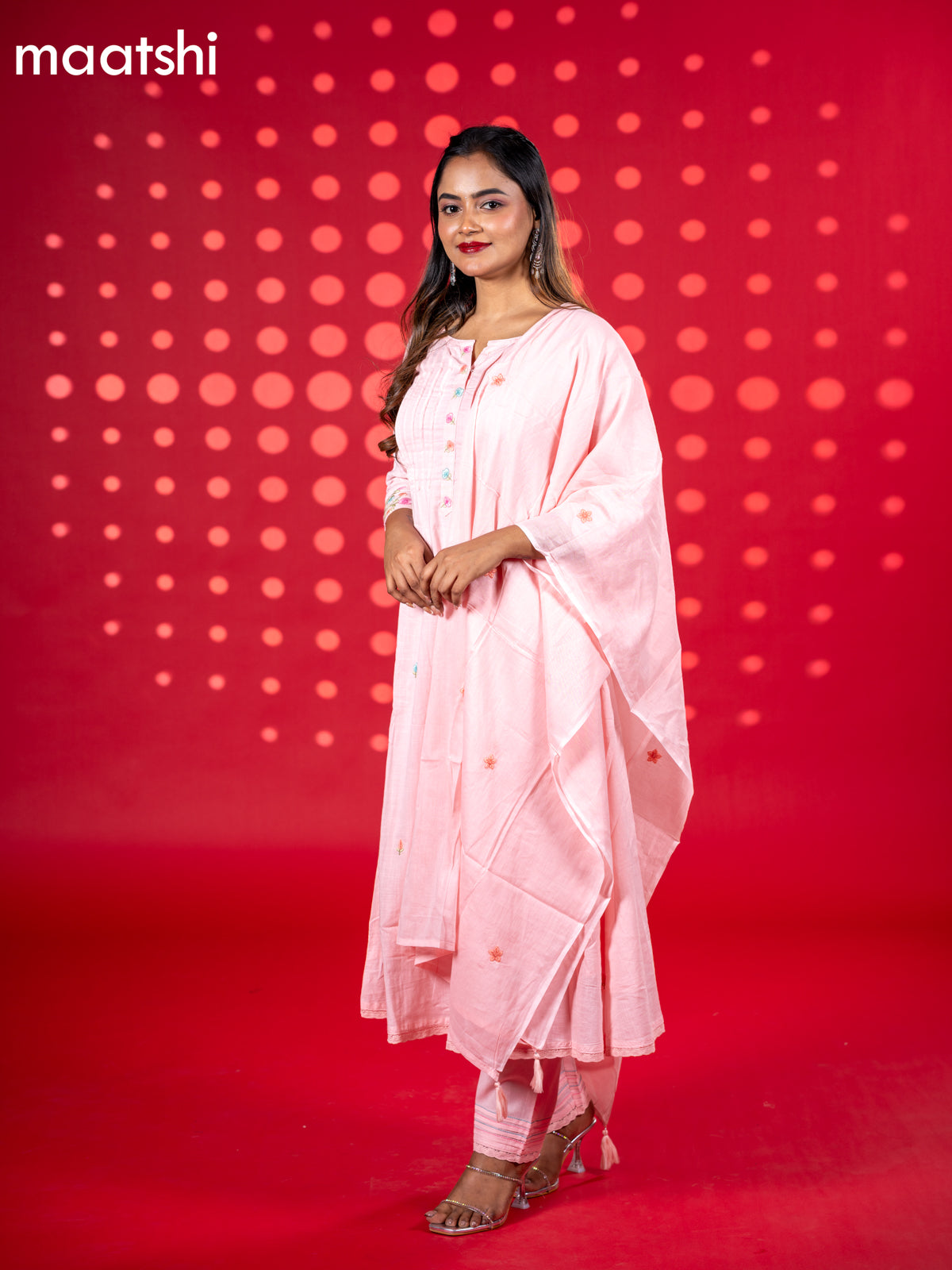 Cotton anarkali salwar suit peach pink with floral embroidery work buttas and straight cut pant & dupatta