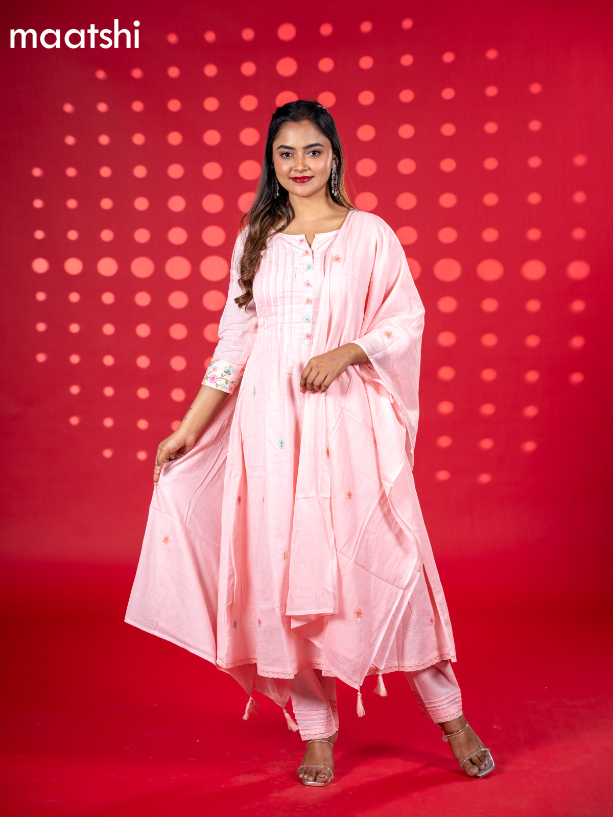 Cotton anarkali salwar suit peach pink with floral embroidery work buttas and straight cut pant & dupatta