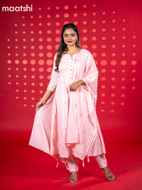 Cotton anarkali salwar suit peach pink with floral embroidery work buttas and straight cut pant & dupatta